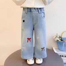批发韩国萌系卡通小狗女童春季裤新款刺绣宽松清新甜美百搭阔腿牛仔裤