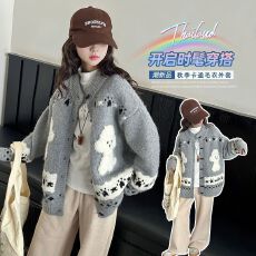 批发oversize!慵懒风卡通单排扣毛衣开衫女秋季新款韩版宽松针织外套