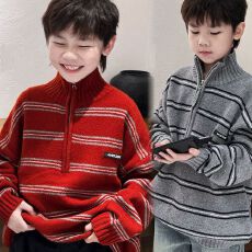 批发<b class='q'>男</b><b class='q'>童</b>秋冬时髦街头半拉链毛衣2026新款中大童潮流简约条纹高领上衣