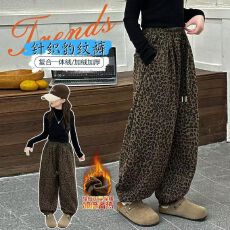 女童休闲裤加绒加厚秋冬款2026新款豹纹洋气潮大童儿童萝卜运动裤