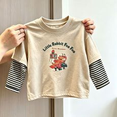 批发纯棉<b class='q'>男</b><b class='q'>童</b>宝宝长袖t恤春秋<b class='q'>新款</b>中小童韩版卡通印花条纹假两件上衣