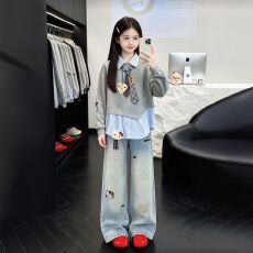 2026新款韩版打底衫马甲休闲儿童阔腿裤洋气三件套女童秋装套装潮