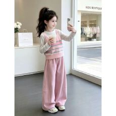女童2026新款韩系多巴胺中大童春秋条纹女孩马甲打底休闲裤三件套