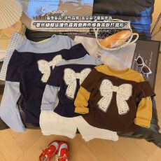 批发95棉5氨纶童装女童2026春<b class='q'>秋</b>季新款巨好看女宝假两件上衣蝴蝶结