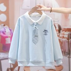 批发涤鱼鳞】26新款女童学院风卫衣翻领领带甜美小学生中大童宽松上衣