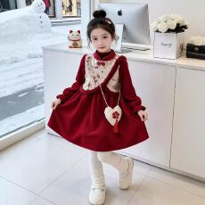 批发汉服女童表演服唐装儿童国风加绒连衣裙女宝宝新中式喜庆周岁礼服