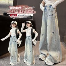 女童牛仔裤6春秋新款五角星破洞女童裤子中大童5-14岁长裤