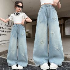 批发女童<b class='q'>五角</b>星刺绣阔腿<b class='q'>裤</b><b class='q'>女童</b><b class='q'>百</b>搭直筒牛仔<b class='q'>裤</b>休闲洋气儿童长<b class='q'>裤</b>