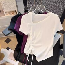 大码胖mm设计感抽绳短袖T恤2026夏韩版显瘦斜领独特别致小上衣女
