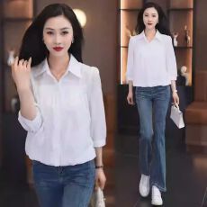 批发大码时尚衬衫女短款2026夏新款洋气质显瘦设计七分袖衬衣百搭上衣