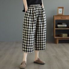 批发有口袋2026新款高腰黑色格子裤女夏季薄款气质高级感阔腿七分裤潮