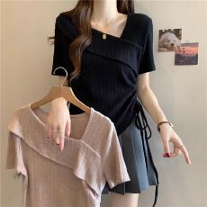 大码微胖法式休闲短袖t恤女夏季胖MM韩系遮肚显瘦时尚不规则上衣