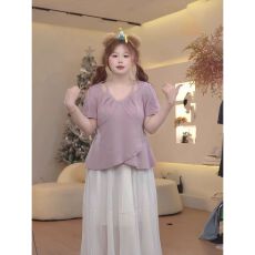 批发网红大码夏季新款设计感系带正肩短袖T恤女<b class='q'>胖</b><b class='q'>MM</b>修身遮肉显瘦上衣