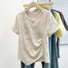 批发韩系不规则短袖女t恤夏季新款大码遮肚子显瘦设计感扎染上衣<b class='q'>胖</b><b class='q'>mm</b>