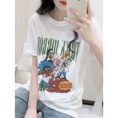 批发现货~大码雪花棉复古卡通印花短袖t恤女夏季松弛韩版宽松苎麻上衣