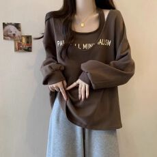 批发原版大码胖mm韩版休闲<b class='q'>卫衣</b>套装女吊带两件套春秋宽松显瘦上衣潮