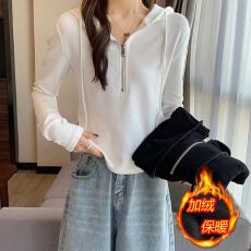 韩系连帽卫衣女加绒加厚长袖秋冬季大码胖mm设计感小众半拉链上衣