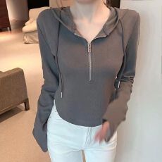 韩系连帽卫衣女长袖t恤2026秋冬季大码胖mm设计感小众半拉链上衣