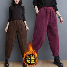 批发加绒/不加绒 <b class='q'>大码</b>妈妈牡丹裤女裤灯芯绒紫色哈伦萝卜裤子秋冬新款