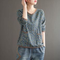 批发韩版大码文艺复古碎花V领长袖棉麻<b class='q'>T</b><b class='q'>恤</b>女春装宽松百搭套头<b class='q'>妈妈</b>装潮