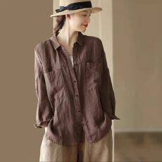 批发2026春季棉麻翻领文艺宽松休闲长袖开衫纯色衬衫女高端上衣