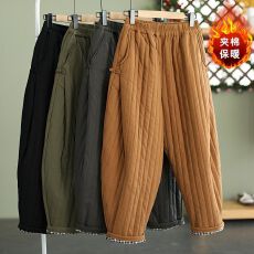 批发大码秋冬季加厚棉裤复古夹棉阔腿裤<b class='q'>松紧</b>腰纯色休闲百搭外穿长裤<b class='q'>女</b>