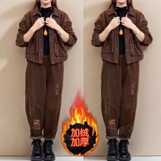批发大码冬季<b class='q'>套装</b>女爆款新款灯芯绒加绒加厚宽松时尚上衣<b class='q'>哈伦裤</b>两件套