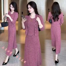 批发<b class='q'>大码</b>气质连衣裙套装女2026春季新款洋气针织<b class='q'>开衫</b>背心半身裙三件套