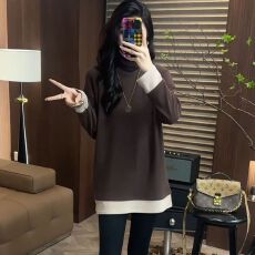 批发<b class='q'>韩版</b>假两件撞色长袖T恤女秋冬宽松内搭显瘦打底衫德绒半高领上衣