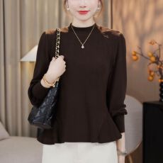 批发网红独特荷叶边下摆收腰长袖T恤女秋季<b class='q'>大码</b>胖mm显瘦遮肚减龄上衣