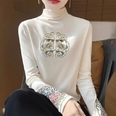 批发秋冬半高领德绒打底衫女复古民族风长袖中式<b class='q'>T</b><b class='q'>恤</b>国风刺绣保暖上衣