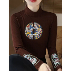 批发秋冬半高领德绒打底衫女复古民族风长袖中式<b class='q'>T</b><b class='q'>恤</b>国风刺绣保暖上衣