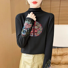 批发秋冬半高领德绒打底衫女复古民族风长袖中式<b class='q'>T</b><b class='q'>恤</b>国风刺绣保暖上衣