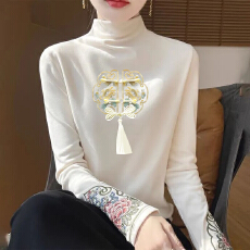 批发秋冬半高领德绒打底衫女复古民族风长袖中式<b class='q'>T</b><b class='q'>恤</b>国风刺绣保暖上衣