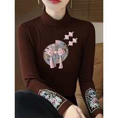 批发秋冬半高领德绒打底衫女复古民族风长袖中式<b class='q'>T</b><b class='q'>恤</b>国风刺绣保暖上衣