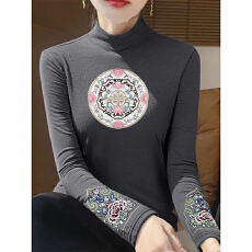 批发秋冬半高领德绒打底衫女复古民族风长袖中式<b class='q'>T</b><b class='q'>恤</b>国风刺绣保暖上衣