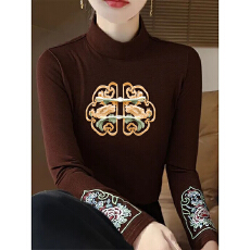 批发秋冬半高领德绒打底衫女复古民族风长袖中式<b class='q'>T</b><b class='q'>恤</b>国风刺绣保暖上衣