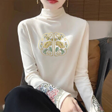 批发秋冬半高领德绒打底衫女复古民族风长袖中式<b class='q'>T</b><b class='q'>恤</b>国风刺绣保暖上衣