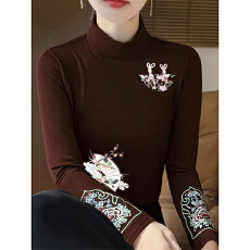 批发秋冬半高领德绒打底衫女复古民族风长袖中式<b class='q'>T</b><b class='q'>恤</b>国风刺绣保暖上衣