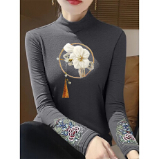 批发秋冬半高领德绒打底衫女复古民族风长袖中式<b class='q'>T</b><b class='q'>恤</b>国风刺绣保暖上衣