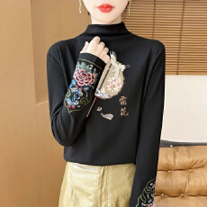 批发秋冬半高领德绒打底衫女复古民族风长袖中式<b class='q'>T</b><b class='q'>恤</b>国风刺绣保暖上衣