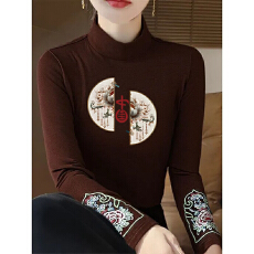 批发秋冬半高领德绒打底衫女复古民族风长袖中式<b class='q'>T</b><b class='q'>恤</b>国风刺绣保暖上衣