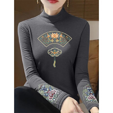 批发秋冬半高领德绒打底衫女复古民族风长袖中式<b class='q'>T</b><b class='q'>恤</b>国风刺绣保暖上衣