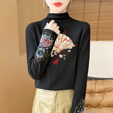 批发秋冬半高领德绒打底衫女复古民族风长袖中式<b class='q'>T</b><b class='q'>恤</b>国风刺绣保暖上衣
