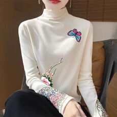 批发秋冬半高领德绒打底衫女复古民族风长袖中式<b class='q'>T</b><b class='q'>恤</b>国风刺绣保暖上衣