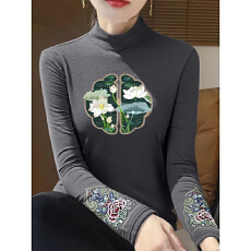批发秋冬半高领德绒打底衫女复古民族风长袖中式<b class='q'>T</b><b class='q'>恤</b>国风刺绣保暖上衣