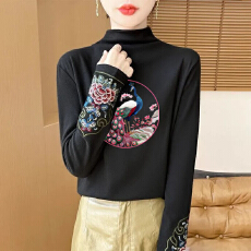 批发秋冬半高领德绒打底衫女复古民族风长袖中式<b class='q'>T</b><b class='q'>恤</b>国风刺绣保暖上衣