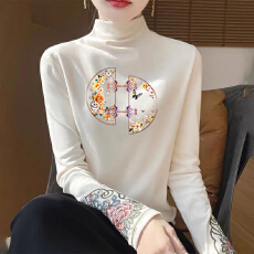 批发秋冬半高领德绒打底衫女复古民族风长袖中式<b class='q'>T</b><b class='q'>恤</b>国风刺绣保暖上衣