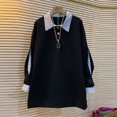 批发网红爆款<b class='q'>韩版</b>减龄条纹拼接胖MM大码宽松显瘦中长款卫衣上衣女秋新