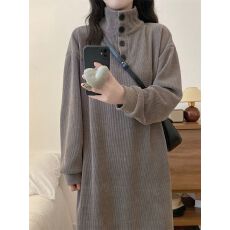 批发大码女装2025秋季新款胖mm遮肚显瘦长款过膝加厚灯芯绒打底<b class='q'>连衣裙</b>